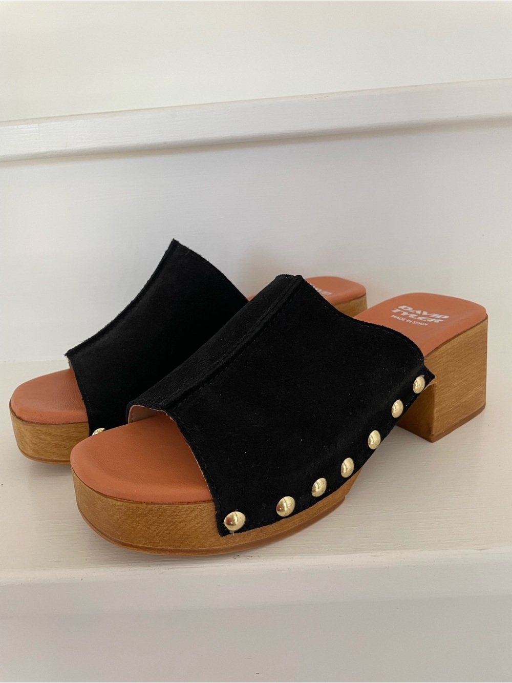 David Tyler Black Suede Studded Clog Mules Made in Spain Size 7.5